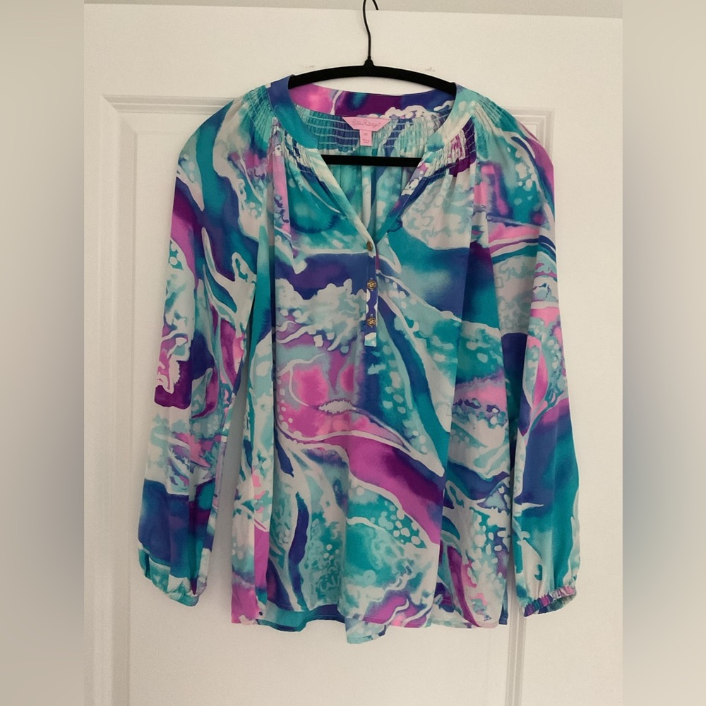 Lilly Pulitzer Elsa Opal Swell Aquainted silk  XS blouse